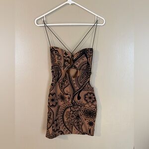 Paisley Print Cutout Mini Dress Size Small Brown Black Bodycon Club